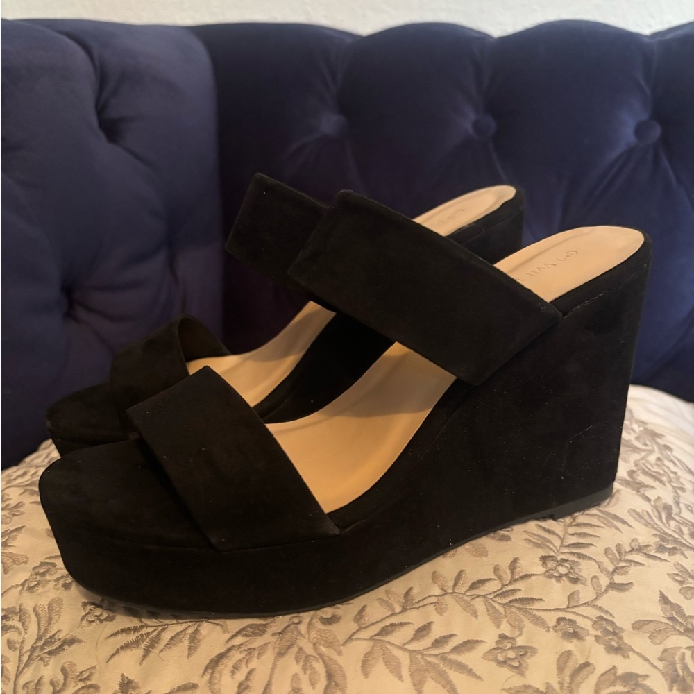 Diva Black Suede Double-Strap Wedge Sandals